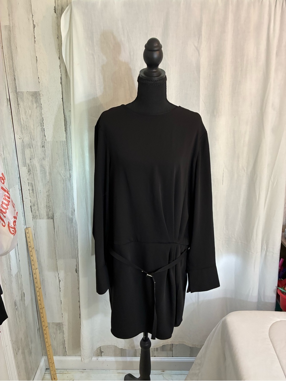 Mango MNG Black Long-Sleeve Dress with Waist Tie MNG USA Sz 10
